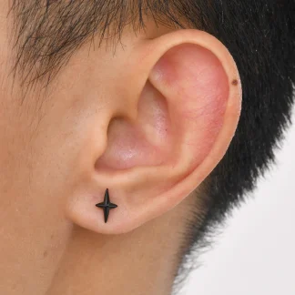 Black Stud Earrings with Four Pointed Star