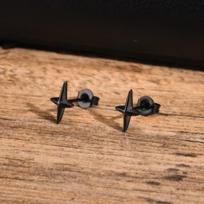 Black Stud Earrings with Four Pointed Star - Image 6