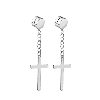 Magnetic Earrings with Chain and Cross Dangle - Image 5
