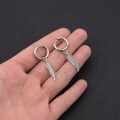 Huggie Earrings with Feather Shape Charm - Image 2