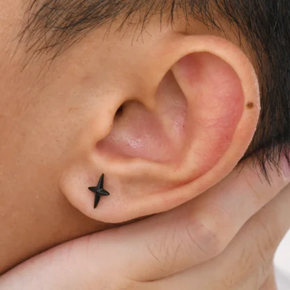 Black Stud Earrings with Four Pointed Star - Image 2