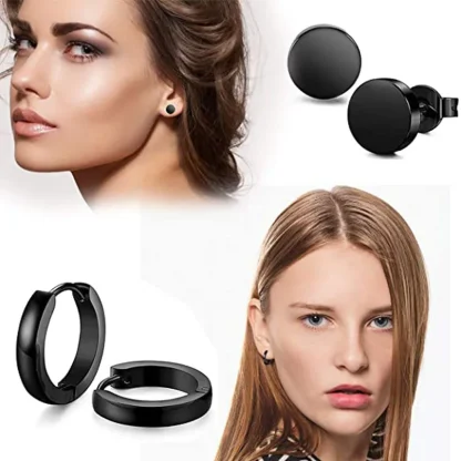 Black Round Earrings with Hypoallergenic - Image 2
