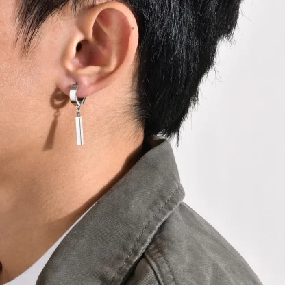 Geometric Hoop Earrings with Bar Charm Design - Image 3