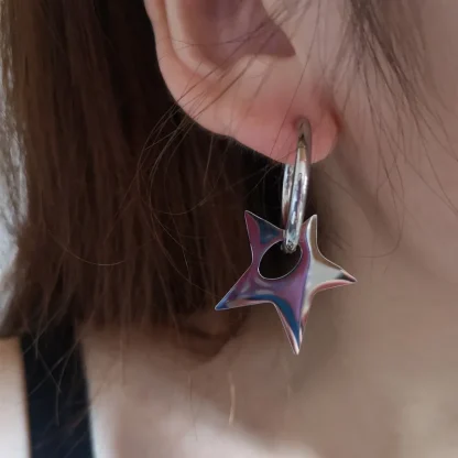 Large Shiny Earrings with Star Charm - Image 2